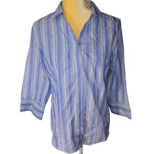 Chico's Blue Metallic Silver Threads Striped Button Down  Size 1